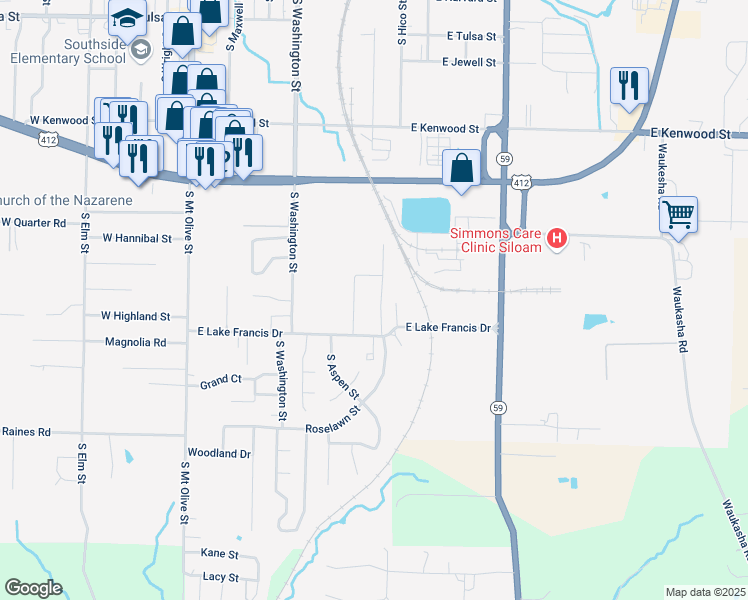 map of restaurants, bars, coffee shops, grocery stores, and more near 1009 East Lake Francis Drive in Siloam Springs