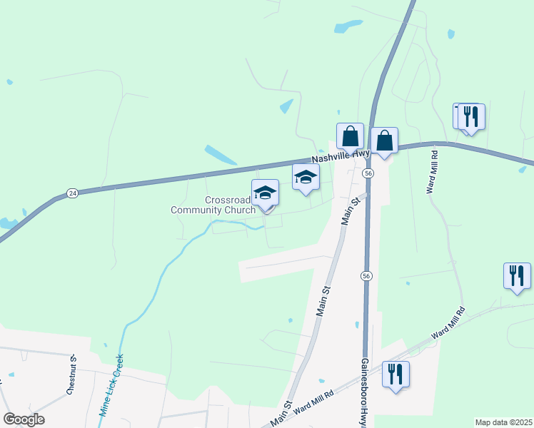 map of restaurants, bars, coffee shops, grocery stores, and more near 6950 Nashville Highway in Baxter