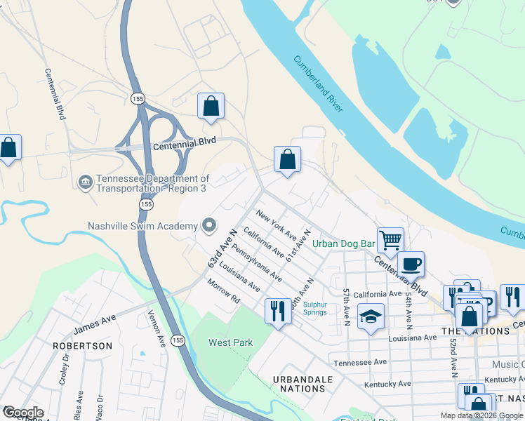 map of restaurants, bars, coffee shops, grocery stores, and more near 6210A New York Avenue in Nashville
