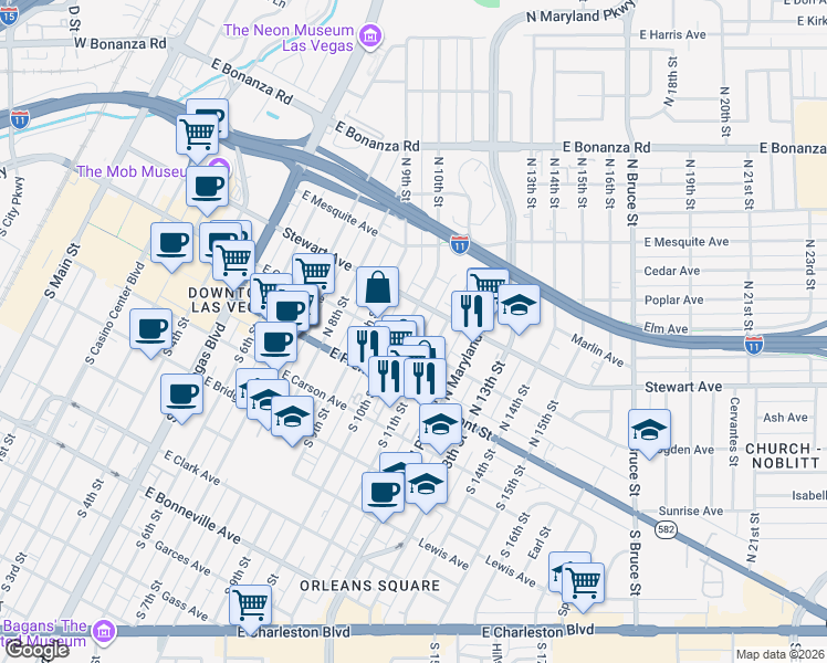 map of restaurants, bars, coffee shops, grocery stores, and more near 210 North 10th Street in Las Vegas