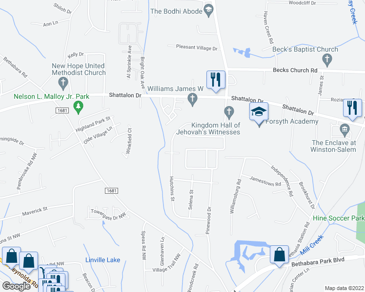 map of restaurants, bars, coffee shops, grocery stores, and more near 5316 Liberty Hall Circle in Winston-Salem