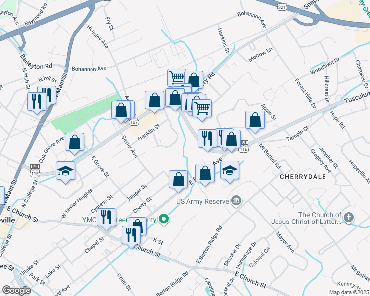map of restaurants, bars, coffee shops, grocery stores, and more near 900 Tusculum Blvd in Greeneville