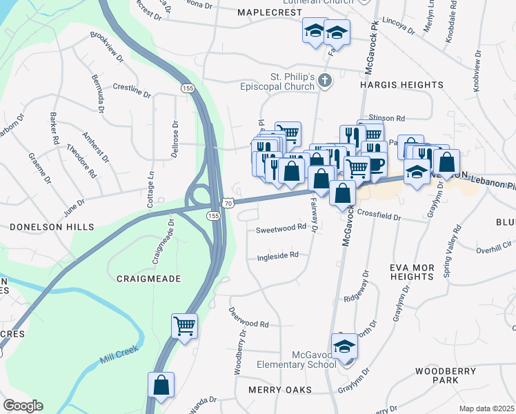 map of restaurants, bars, coffee shops, grocery stores, and more near 100 Blue Hills Drive in Nashville