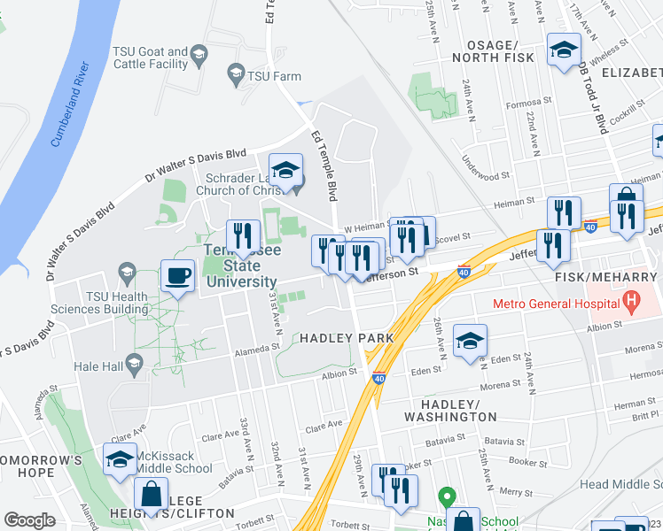 map of restaurants, bars, coffee shops, grocery stores, and more near 2806 John A Merritt Boulevard in Nashville