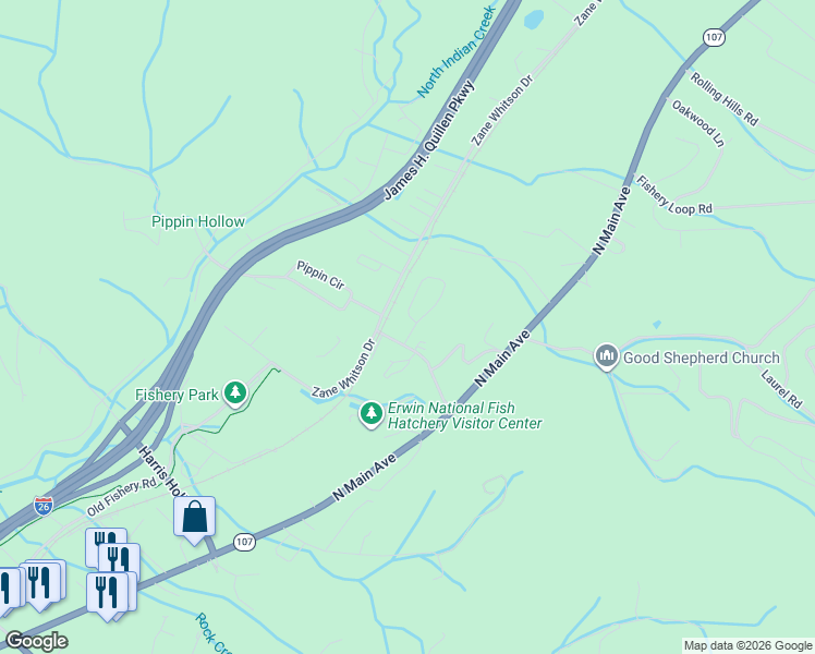 map of restaurants, bars, coffee shops, grocery stores, and more near 1205 Brown Road in Erwin