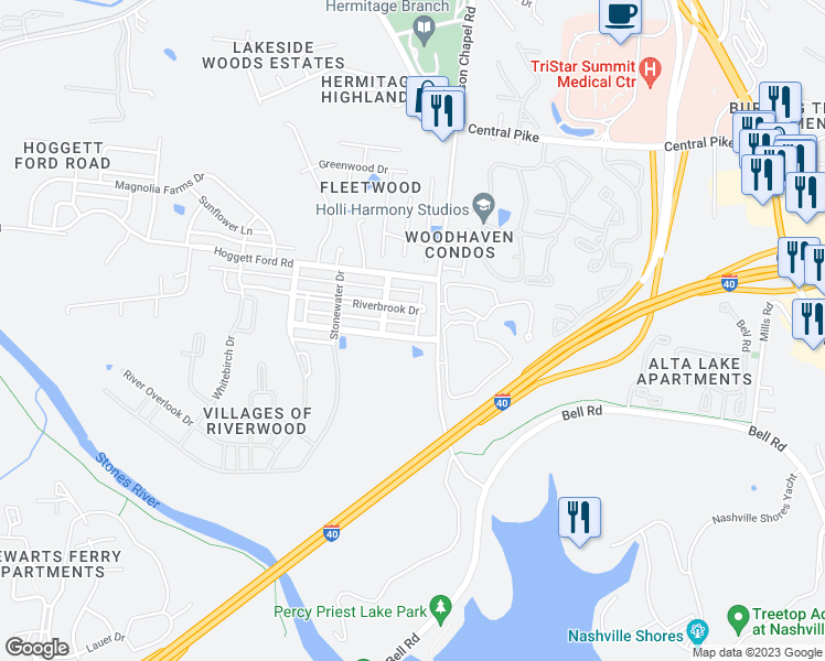 map of restaurants, bars, coffee shops, grocery stores, and more near 1010 Riverwood Village Boulevard in Nashville