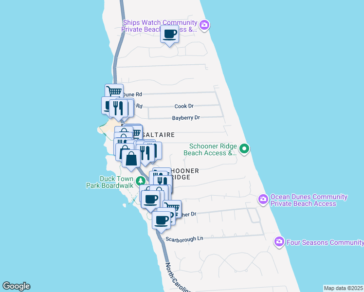 map of restaurants, bars, coffee shops, grocery stores, and more near 121 Wampum Drive in Kitty Hawk