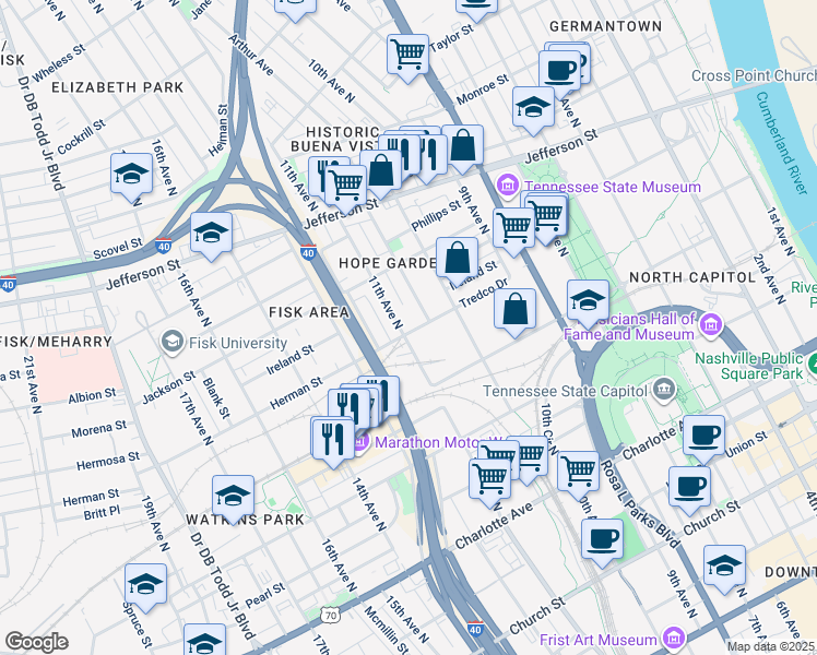 map of restaurants, bars, coffee shops, grocery stores, and more near 652 11th Avenue North in Nashville