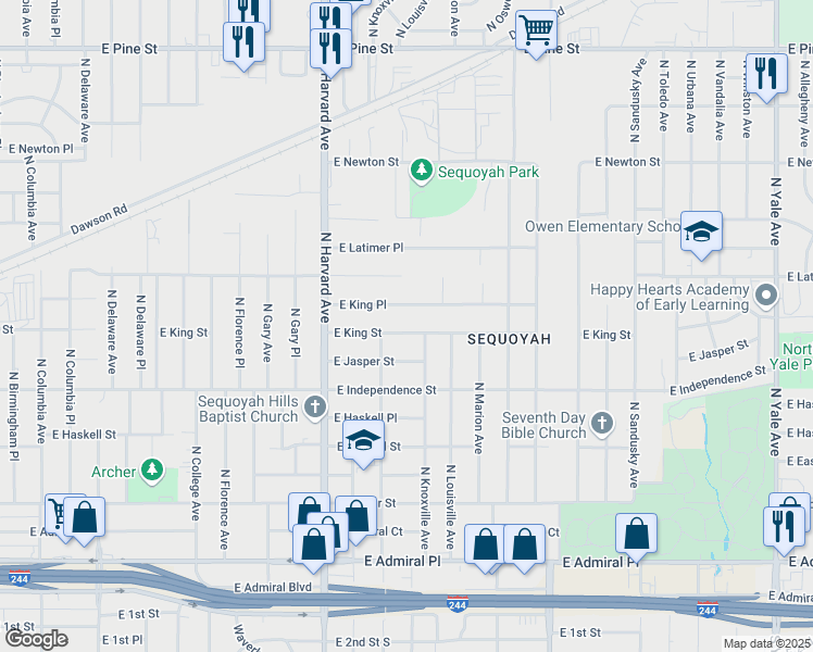 map of restaurants, bars, coffee shops, grocery stores, and more near 3525 East King Street in Tulsa