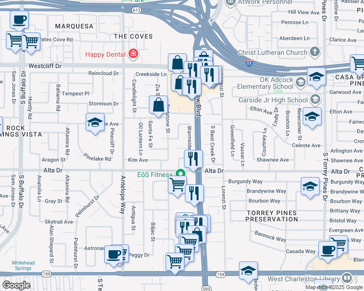 map of restaurants, bars, coffee shops, grocery stores, and more near 6816 Midpark Circle in Las Vegas