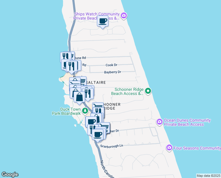 map of restaurants, bars, coffee shops, grocery stores, and more near 121 Wampum Drive in Kitty Hawk