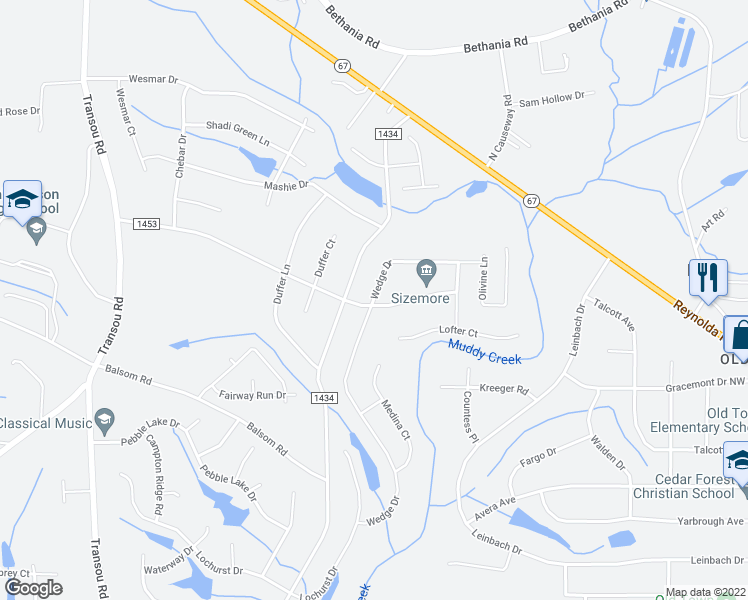 map of restaurants, bars, coffee shops, grocery stores, and more near 4442 Wedge Drive in Pfafftown