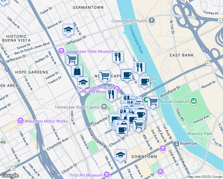 map of restaurants, bars, coffee shops, grocery stores, and more near 500 Rep. John Lewis Way North in Nashville