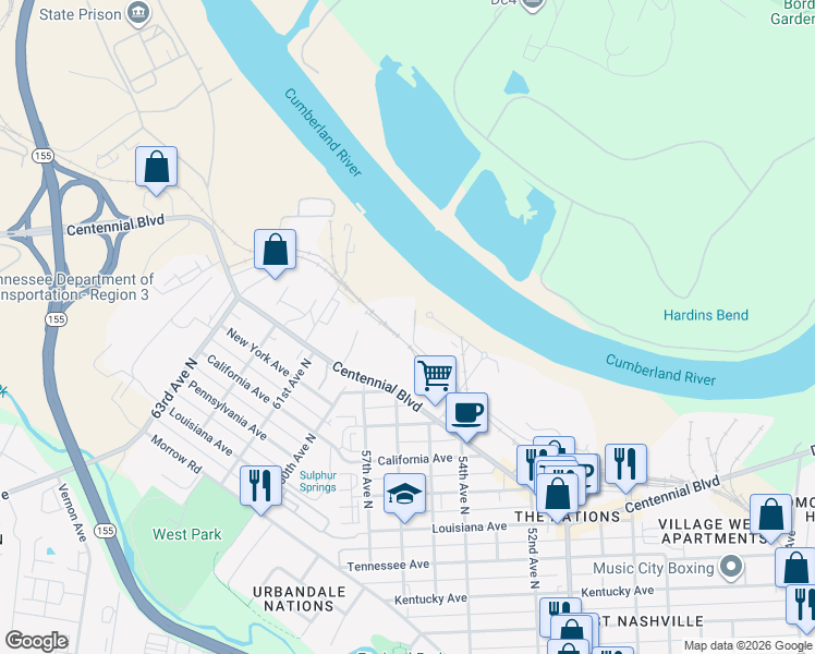 map of restaurants, bars, coffee shops, grocery stores, and more near 1650 54th Avenue North in Nashville