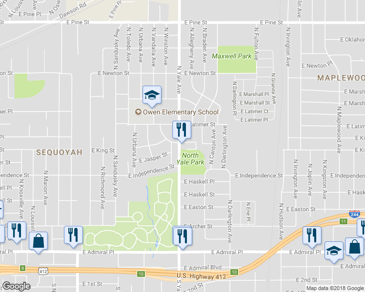 map of restaurants, bars, coffee shops, grocery stores, and more near 903 North Yale Avenue in Tulsa