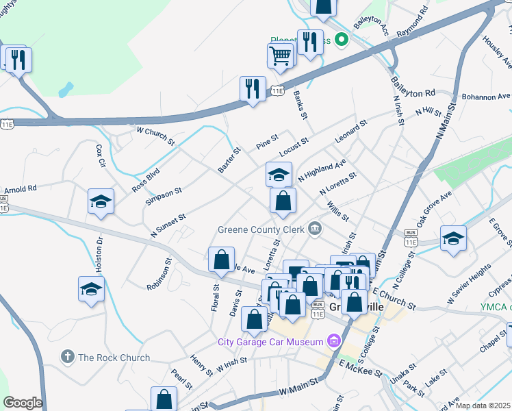 map of restaurants, bars, coffee shops, grocery stores, and more near 507 West Church Street in Greeneville