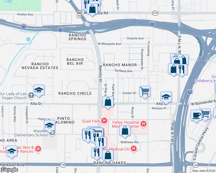 map of restaurants, bars, coffee shops, grocery stores, and more near 401 Park Way West in Las Vegas