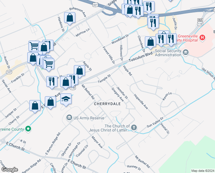 map of restaurants, bars, coffee shops, grocery stores, and more near 137 Indian Hills Drive in Greeneville