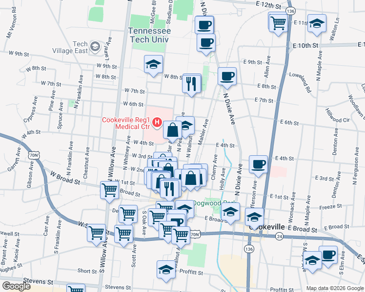 map of restaurants, bars, coffee shops, grocery stores, and more near 340 North Walnut Avenue in Cookeville