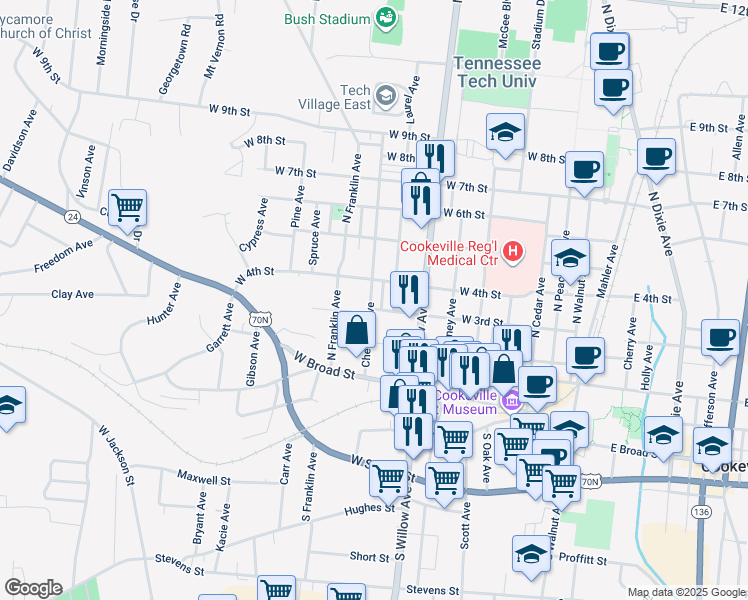 map of restaurants, bars, coffee shops, grocery stores, and more near 415 West 3rd Street in Cookeville