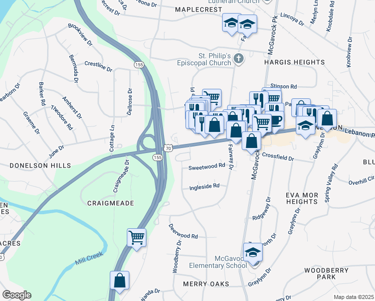 map of restaurants, bars, coffee shops, grocery stores, and more near 100 Blue Hills Drive in Nashville