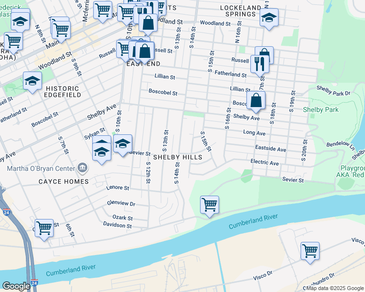 map of restaurants, bars, coffee shops, grocery stores, and more near 1405 Sevier Court in Nashville