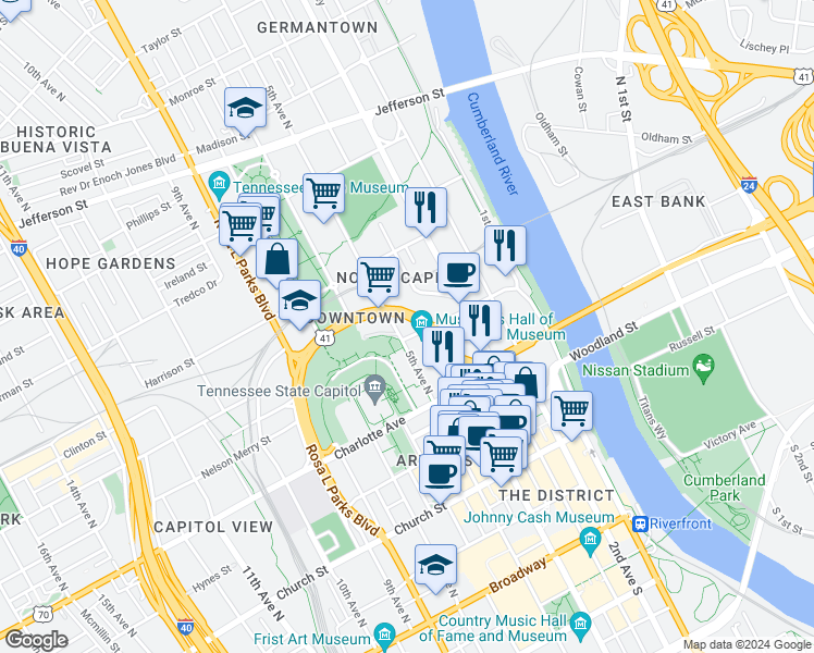 map of restaurants, bars, coffee shops, grocery stores, and more near 401 Gay Street in Nashville