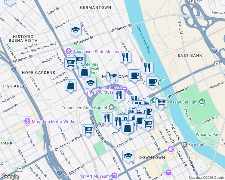 map of restaurants, bars, coffee shops, grocery stores, and more near 510 Gay Street in Nashville