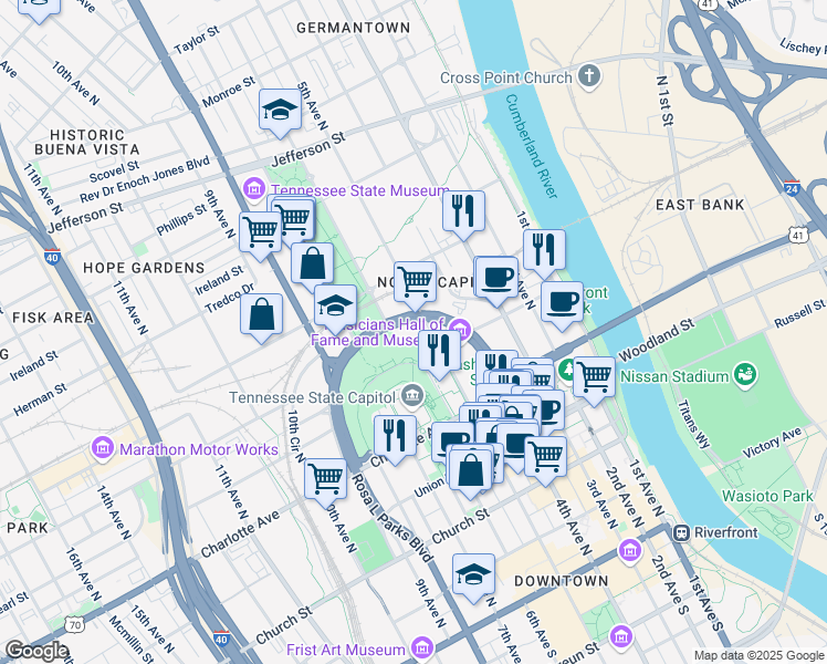 map of restaurants, bars, coffee shops, grocery stores, and more near 510 Gay Street in Nashville