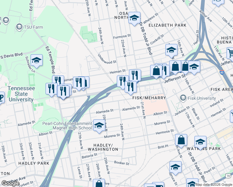 map of restaurants, bars, coffee shops, grocery stores, and more near 2402 Meharry Boulevard in Nashville