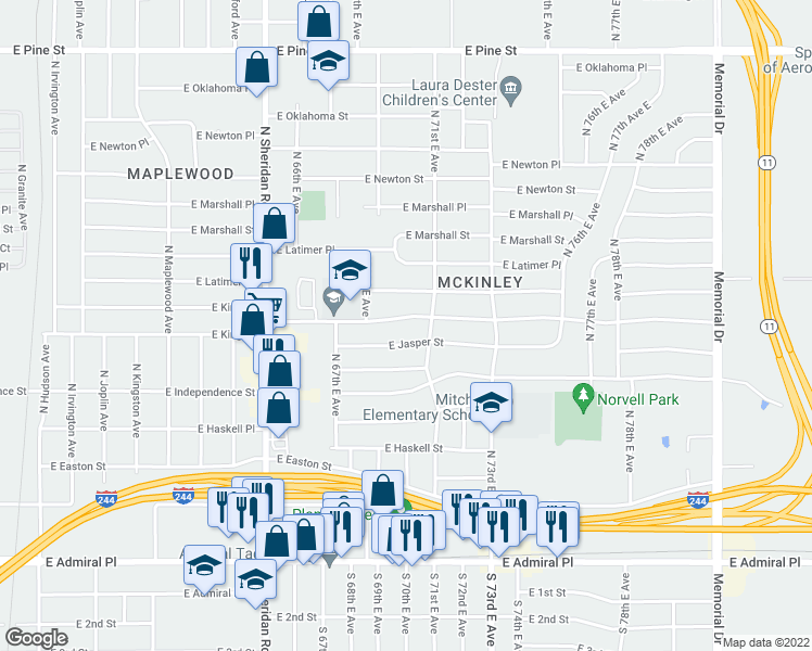 map of restaurants, bars, coffee shops, grocery stores, and more near 6753 East Jasper Street in Tulsa