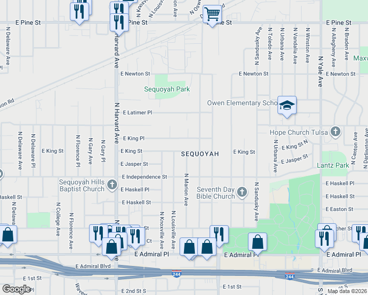 map of restaurants, bars, coffee shops, grocery stores, and more near 847 North Marion Avenue in Tulsa