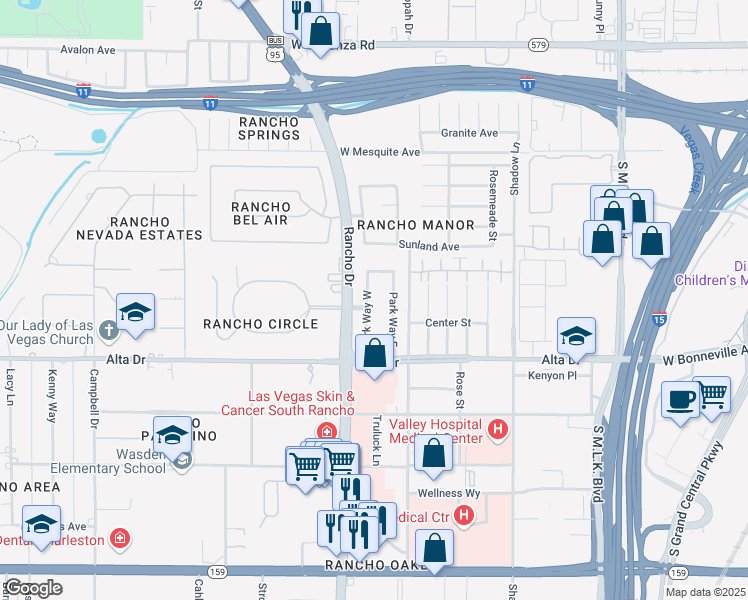 map of restaurants, bars, coffee shops, grocery stores, and more near 325 Park Way West in Las Vegas