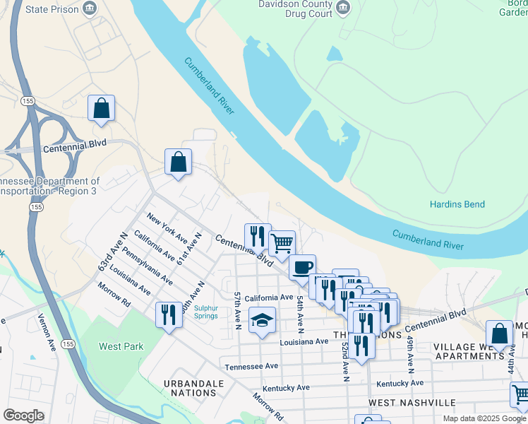 map of restaurants, bars, coffee shops, grocery stores, and more near 1650 54th Avenue North in Nashville