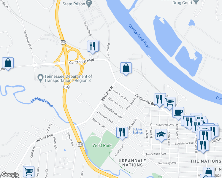map of restaurants, bars, coffee shops, grocery stores, and more near 6223 New York Avenue in Nashville