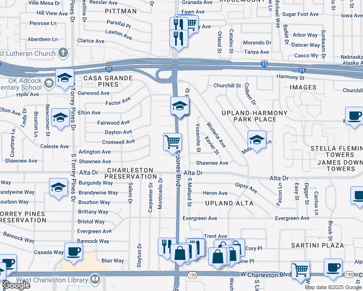 map of restaurants, bars, coffee shops, grocery stores, and more near 344 South Jones Boulevard in Las Vegas