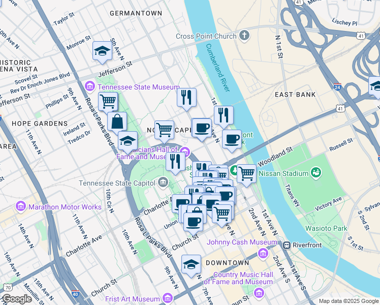 map of restaurants, bars, coffee shops, grocery stores, and more near James Robertson Pkwy & Gay St in Nashville