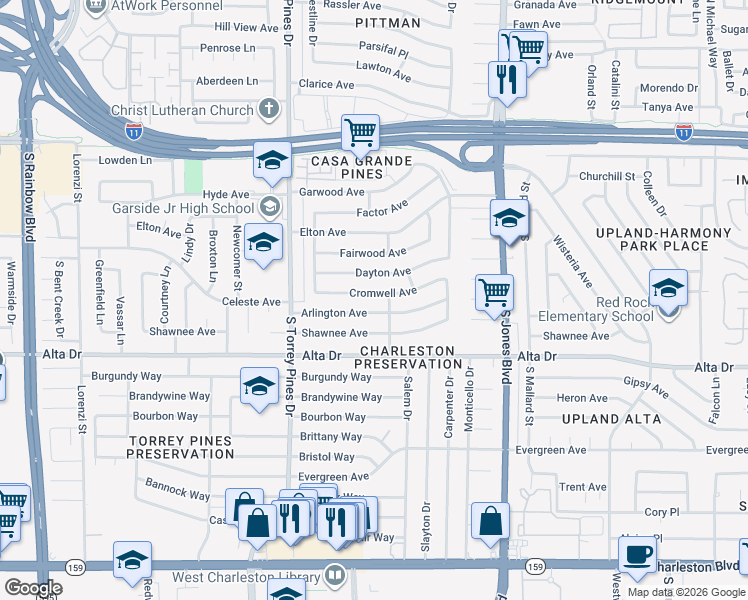 map of restaurants, bars, coffee shops, grocery stores, and more near 6229 Cromwell Avenue in Las Vegas