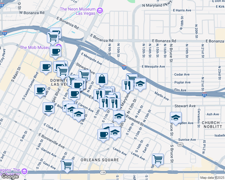 map of restaurants, bars, coffee shops, grocery stores, and more near 212 North 10th Street in Las Vegas