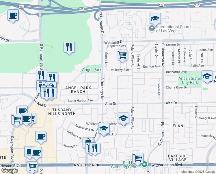 map of restaurants, bars, coffee shops, grocery stores, and more near 350 South Durango Drive in Las Vegas