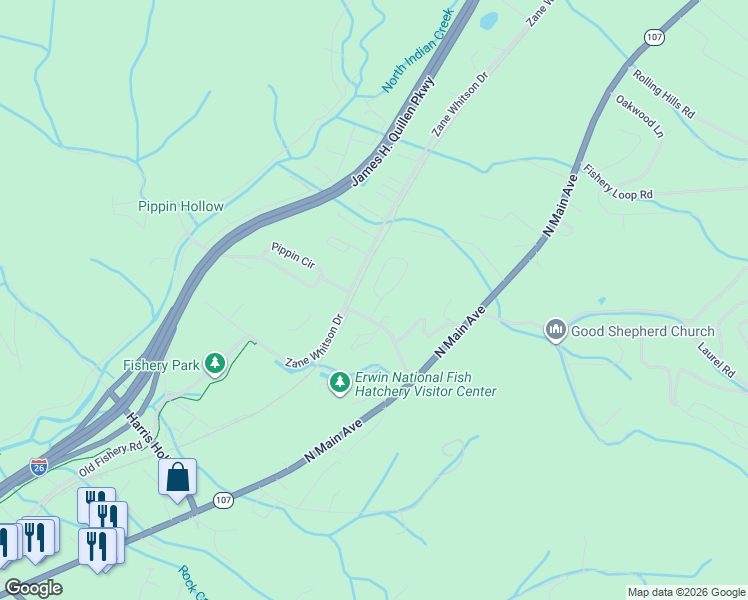 map of restaurants, bars, coffee shops, grocery stores, and more near 1205 Brown Road in Erwin