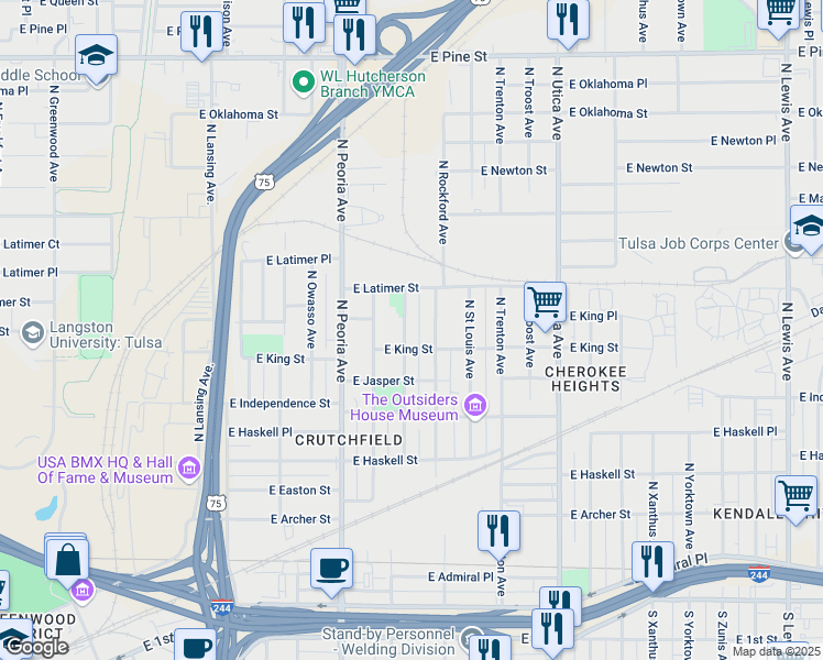 map of restaurants, bars, coffee shops, grocery stores, and more near 1003 North Quincy Avenue in Tulsa