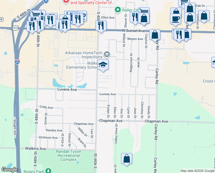 map of restaurants, bars, coffee shops, grocery stores, and more near 1905 South 40th Street in Springdale