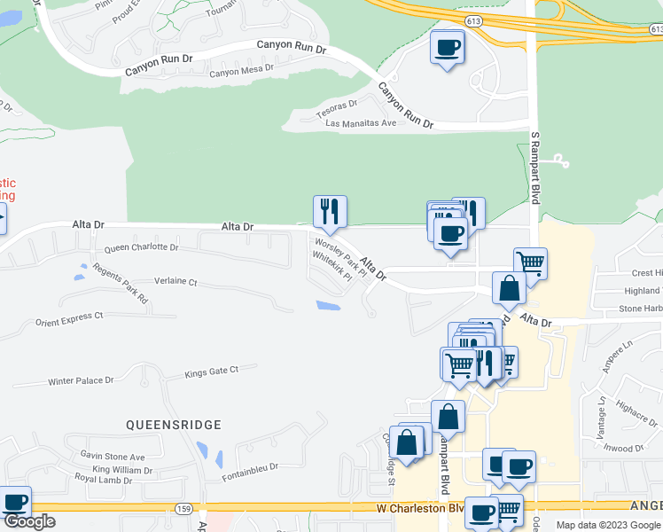 map of restaurants, bars, coffee shops, grocery stores, and more near 9205 Whitekirk Place in Las Vegas
