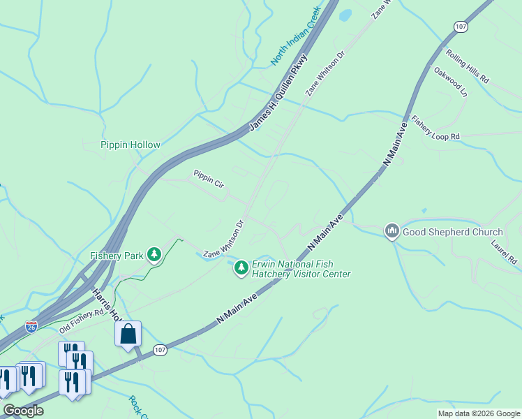 map of restaurants, bars, coffee shops, grocery stores, and more near 1205 Brown Road in Erwin