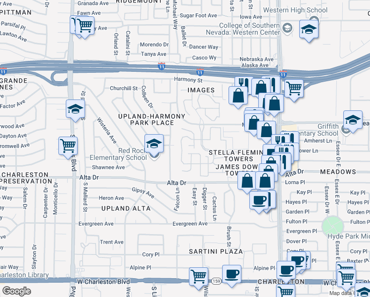 map of restaurants, bars, coffee shops, grocery stores, and more near 360 Mill Hollow Road in Las Vegas