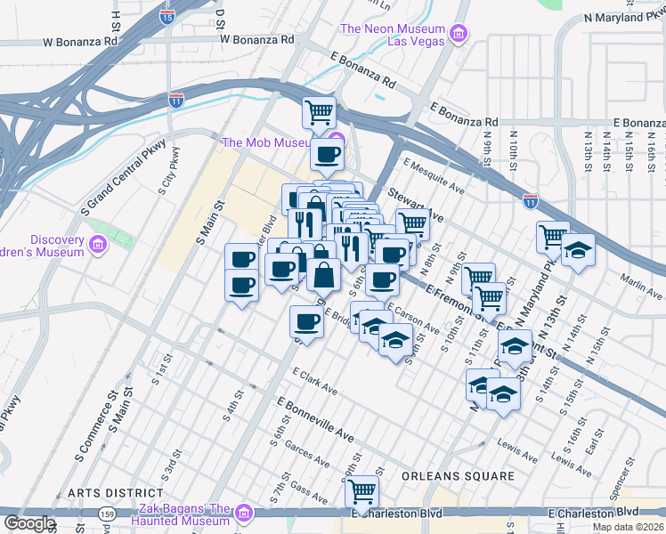 map of restaurants, bars, coffee shops, grocery stores, and more near 208 South Las Vegas Boulevard in Las Vegas