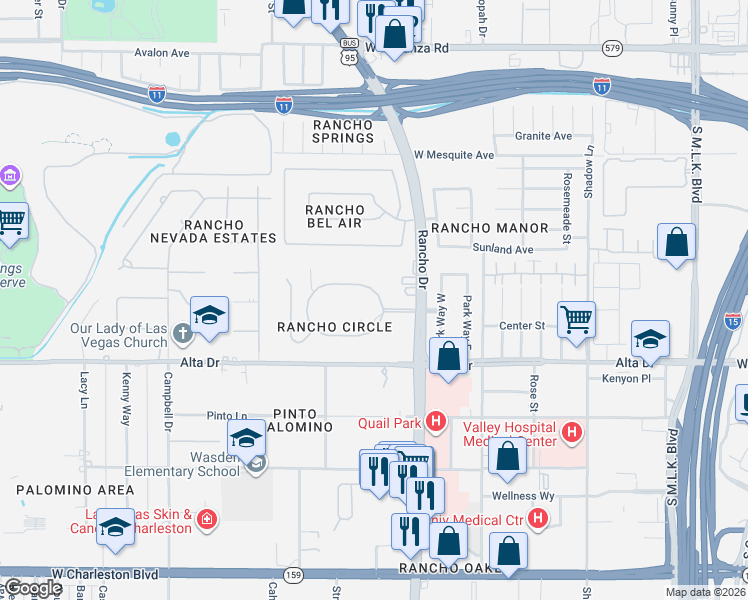 map of restaurants, bars, coffee shops, grocery stores, and more near 250 Rancho Circle in Las Vegas