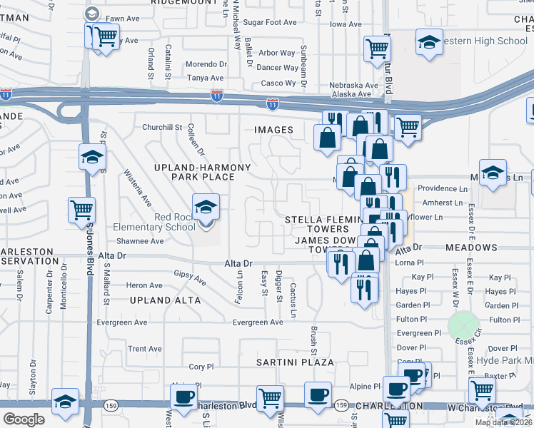 map of restaurants, bars, coffee shops, grocery stores, and more near 5300 Fieldstone in Las Vegas
