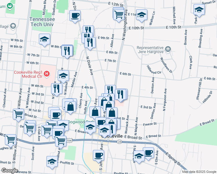 map of restaurants, bars, coffee shops, grocery stores, and more near 430 North Jefferson Avenue in Cookeville